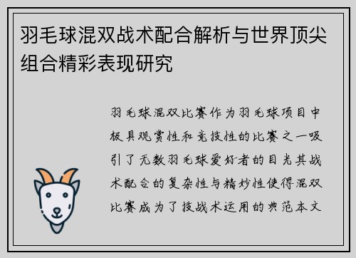 羽毛球混双战术配合解析与世界顶尖组合精彩表现研究