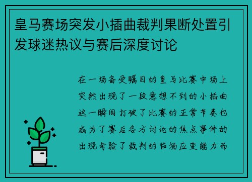 皇马赛场突发小插曲裁判果断处置引发球迷热议与赛后深度讨论
